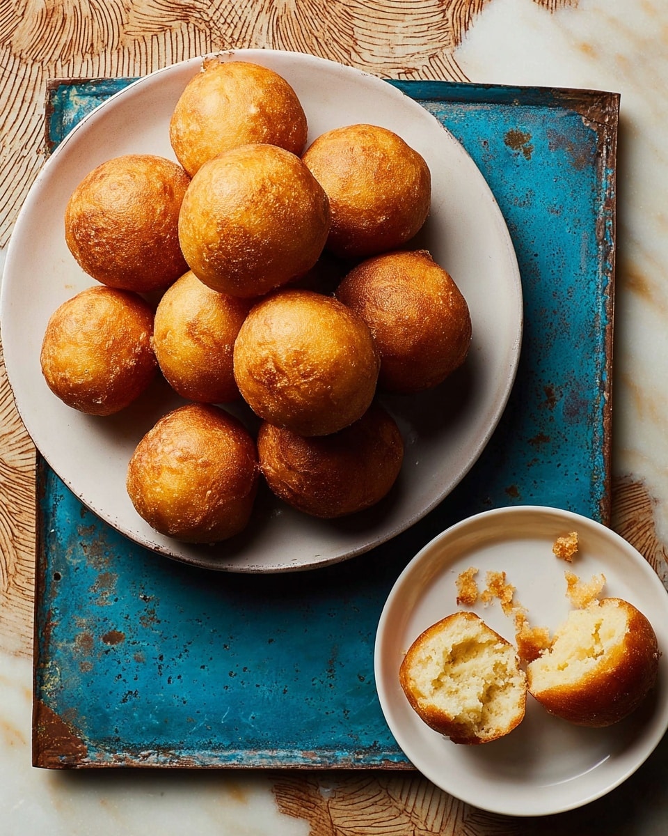The image shows a white plate filled with ten round, golden-brown fried dough balls stacked close together, each having a crispy, slightly textured surface. Below the plate, there is a small white dish holding one dough ball broken in half, showing a soft, fluffy pale inside with a few crumbs scattered around. Both dishes rest on a rustic blue metal tray with worn edges, placed on a white marbled surface with subtle brown patterned details visible at the edges. photo taken with an iphone --ar 4:5 --v 7