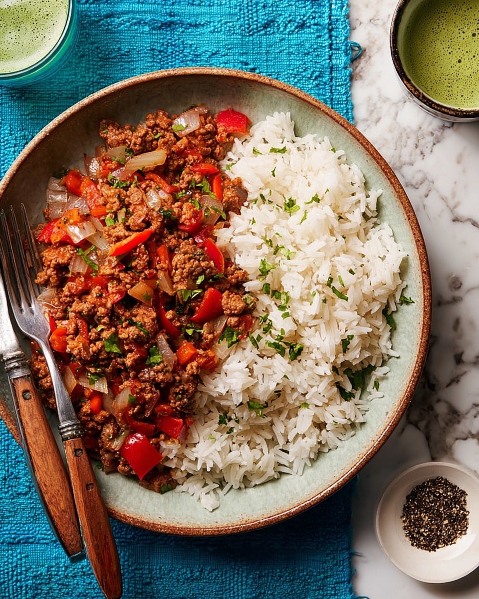 A round white bowl filled with two main layers: the bottom and right part has fluffy white rice with some small green herb leaves scattered on top, while the left and center part is covered in a reddish-brown minced meat sauce mixed with chunks of red bell peppers, onions, and green herbs, creating a colorful and textured contrast. The bowl is placed on a bright blue cloth over a white marbled tiled surface, with a fork and knife set beside it, each with wooden handles. Near the bowl, there is a small white plate sprinkled with black pepper and part of a glass cup containing a foamy green drink. Photo taken with an iphone --ar 4:5 --v 7