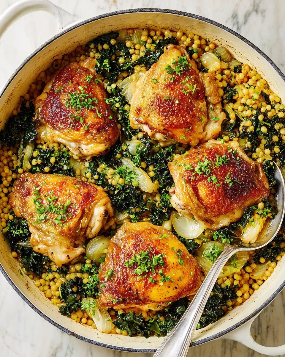 A round white pot filled with four pieces of golden-brown cooked chicken thighs, each topped with chopped green herbs. Under the chicken, there is a mix of small pale yellow grains, cooked dark green leafy vegetables, and some pieces of cooked onion showing light translucent and white colors. A large silver spoon rests inside the pot, partially underneath one piece of chicken, adding a touch of shine to the scene. The pot sits on a white marbled surface. Photo taken with an iphone --ar 4:5 --v 7