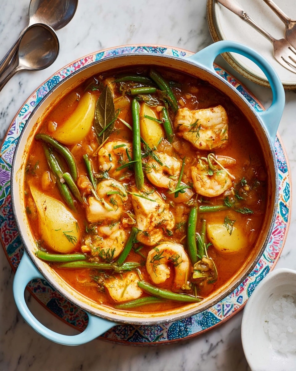 A blue pot filled with a rich orange seafood stew, topped with plump shrimp, white fish chunks, bright green beans, and sliced yellow potatoes. The stew has a thick, glossy texture with visible herbs sprinkled on the fish and shrimp. The pot sits on a white marbled surface with a patterned white plate underneath. To the side, there is a white plate stacked with another white plate and two spoons resting on top. photo taken with an iphone --ar 4:5 --v 7