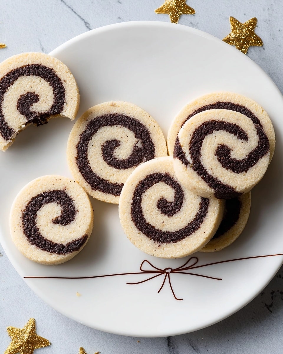 The image shows a white plate with a thin brown ribbon design on the surface, placed on a white marbled texture. On the plate, there are six round pinwheel cookies with alternating light beige and dark brown spiral layers. The cookies have a crumbly texture, and one cookie has a small bite taken out of it. The cookies are arranged casually in a loose group on one side of the plate. Photo taken with an iphone --ar 4:5 --v 7