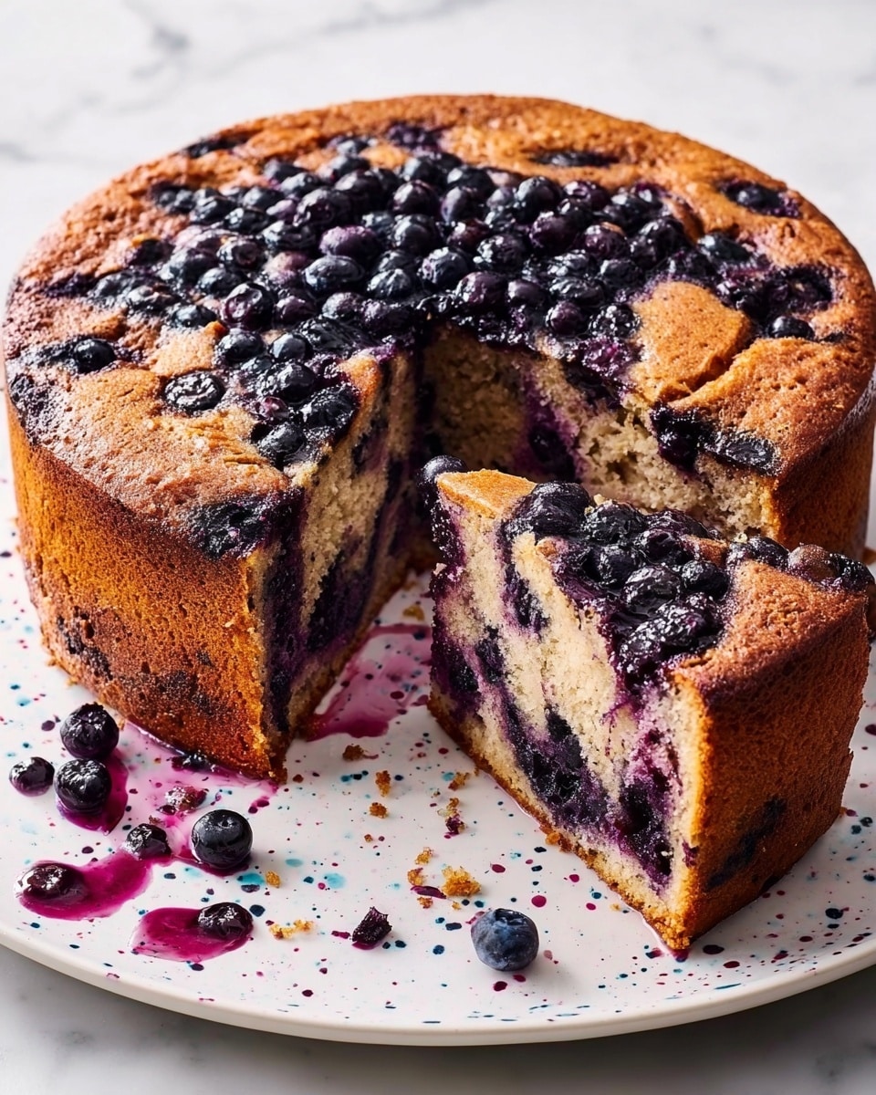 The image shows a thick blueberry cake with one large slice removed, revealing the inside with many blueberries scattered through the soft, light brown and cream-colored cake layers. The top is golden brown with slightly darker spots where the blueberries have burst, creating dark purple stains. Loose blueberries and purple juice dots surround the cake on a white plate with small black speckles. The background is a white marbled texture. Photo taken with an iphone --ar 4:5 --v 7
