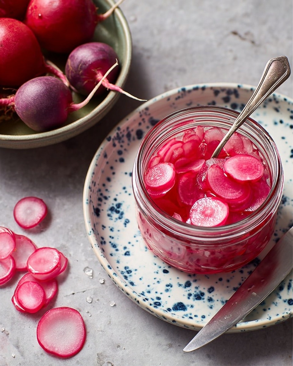A glass jar filled with thin round slices of bright pink pickled radishes sits open on a white plate with blue speckles. The radish slices, glossy and translucent, fill the jar to the top with some slight layering visible through the glass. A silver spoon rests inside the jar, nestled among the radishes. To the left, a bowl of whole radishes with bright red and purple skin sits on a white marbled surface, along with scattered thin radish slices and a knife. The overall composition shows fresh and vibrant radishes combined with the shiny glass jar and the speckled white plate. photo taken with an iphone --ar 4:5 --v 7