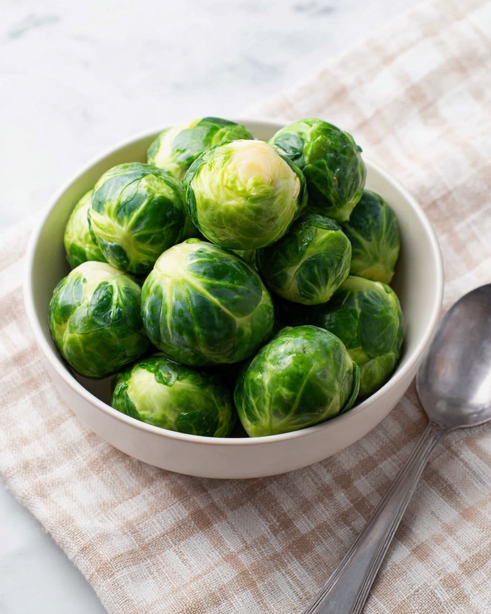 A white bowl filled with about twenty fresh green Brussels sprouts that have smooth, slightly shiny leaves with visible veins. The Brussels sprouts are tightly packed in the bowl, showing shades from light to dark green on their outer layers. The bowl sits on a soft, folded grayish-beige plaid cloth with subtle patterns, placed on a white marbled surface. To the right of the bowl, there is a simple silver spoon resting flat on the marble. photo taken with an iphone --ar 4:5 --v 7
