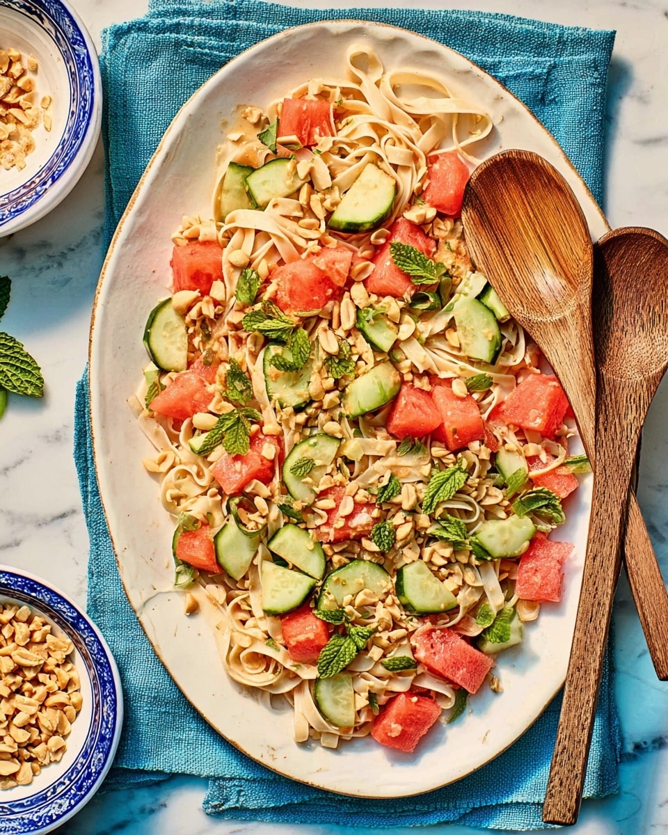 A white oval plate holds a colorful pasta salad on a white marbled surface. The bottom layer is light beige flat noodles spread across. Scattered on top are chunks of red watermelon and green cucumber slices, adding fresh fruits and vegetables to the dish. Bright green mint leaves are placed evenly throughout, giving a fresh touch. Crushed light brown nuts are sprinkled over the whole salad, adding texture. A wooden spoon and fork rest on the right side of the plate. To the left, a small white bowl with a blue rim is filled with more crushed nuts. A blue cloth is partly visible under the plate, all arranged neatly. Photo taken with an iphone --ar 4:5 --v 7