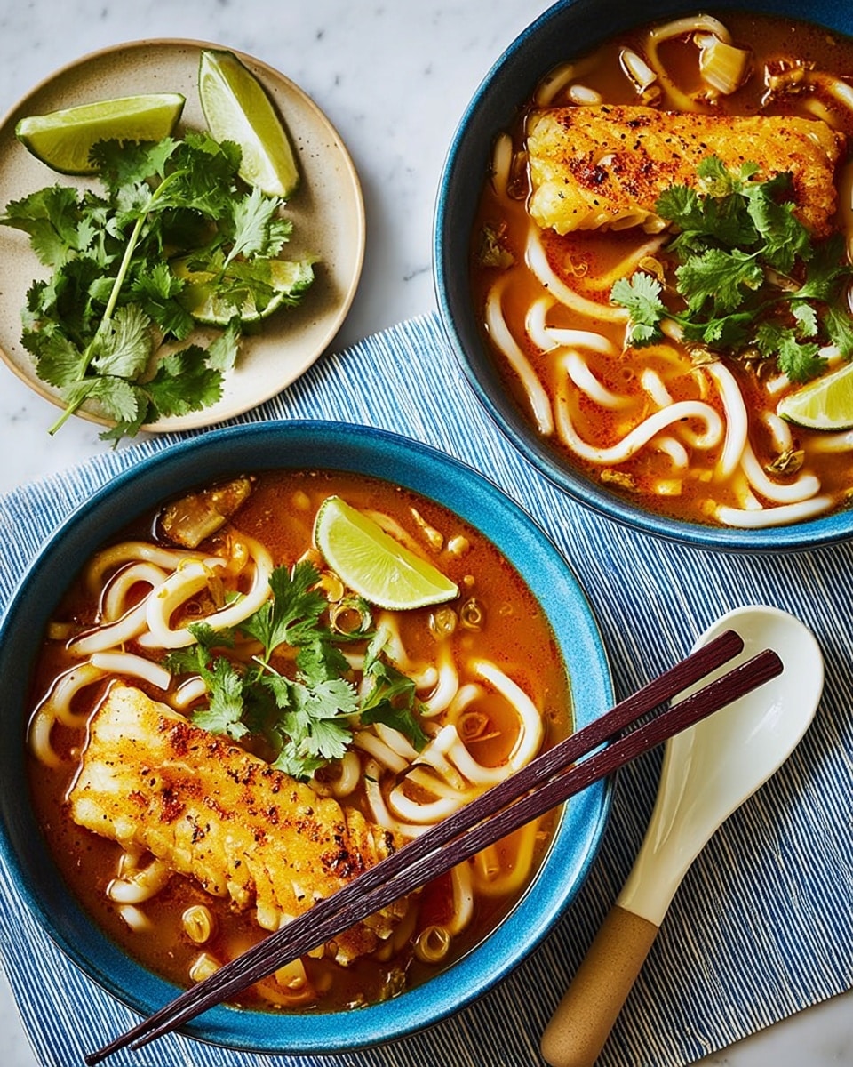 Two blue bowls filled with a noodle soup are placed on a white marbled surface. Each bowl has a rich brown broth with thick, yellow noodles curling around inside. On top of the noodles in each bowl lies a golden grilled fish filet, slightly charred with black pepper flakes. Bright green cilantro leaves and small red tomato pieces are scattered in the soup. A slice of lime rests on the edge of each bowl. Wooden chopsticks cross over one bowl, and next to it, a white ceramic soup spoon lies on a blue and white striped cloth. Fresh cilantro and lime wedges are placed near the bowls for garnish. Photo taken with an iphone --ar 4:5 --v 7