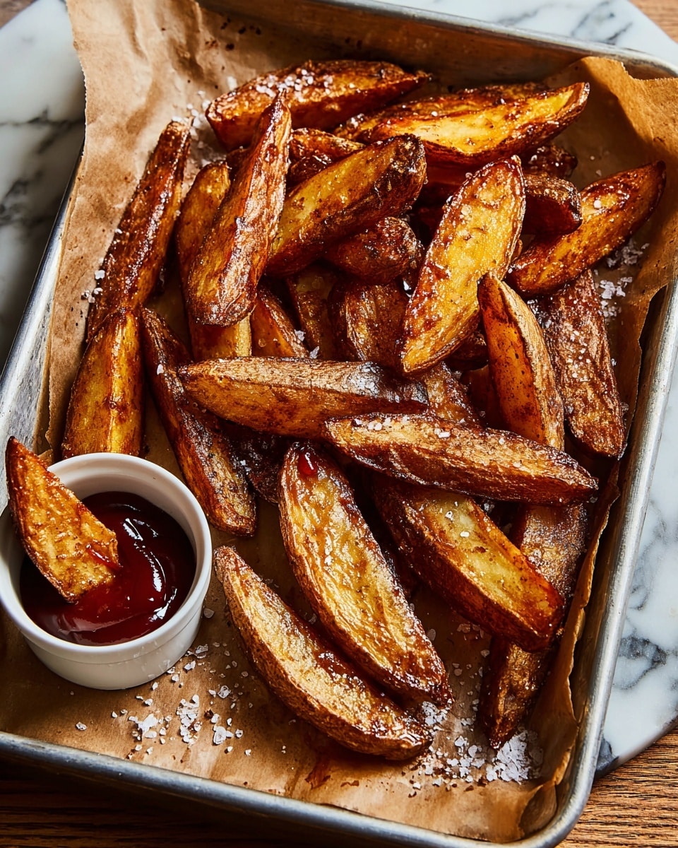 A metal tray lined with brown paper holds about 15 golden-brown potato wedges, each with crispy, slightly wrinkled skin and a warm orange-yellow soft interior, sprinkled lightly with coarse salt. The wedges are spread out unevenly, showing some darker edges and a few shiny spots from oil. On the lower right corner of the tray, there is a small white bowl filled with a deep red dipping sauce, with one potato wedge dipping into it. The whole scene is set on a white marbled texture surface. photo taken with an iphone --ar 4:5 --v 7