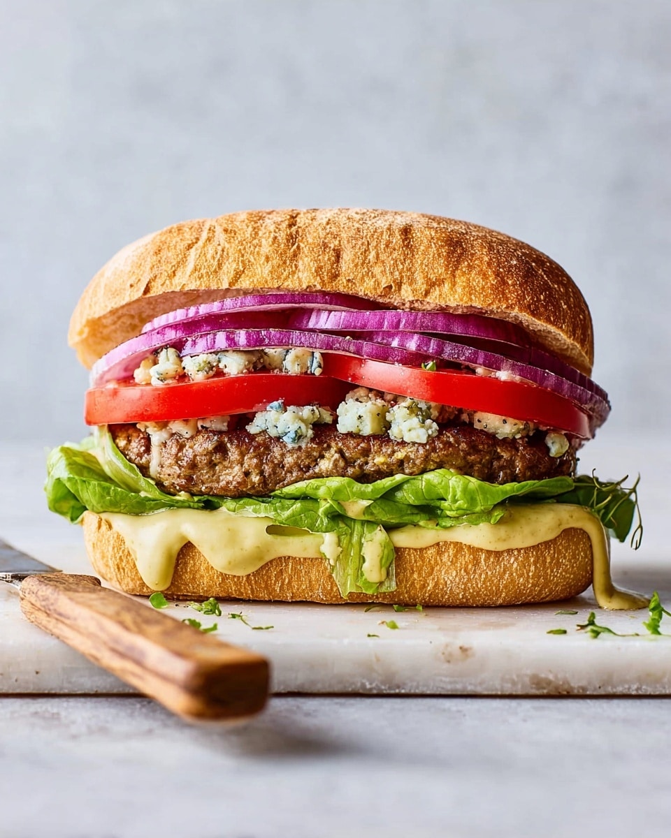 A sandwich with a golden brown lightly crusty bun, inside it has four main layers: a creamy light yellow cheese spread dripping slightly over the bottom bun, a grilled brown patty with a slightly charred texture, topped with bright purple grilled onion rings with small bits of crumbled blue cheese, then slices of fresh red tomatoes, and crisp green lettuce leaves filling the top, all placed on a white marbled surface next to a wooden knife. Photo taken with an iphone --ar 4:5 --v 7