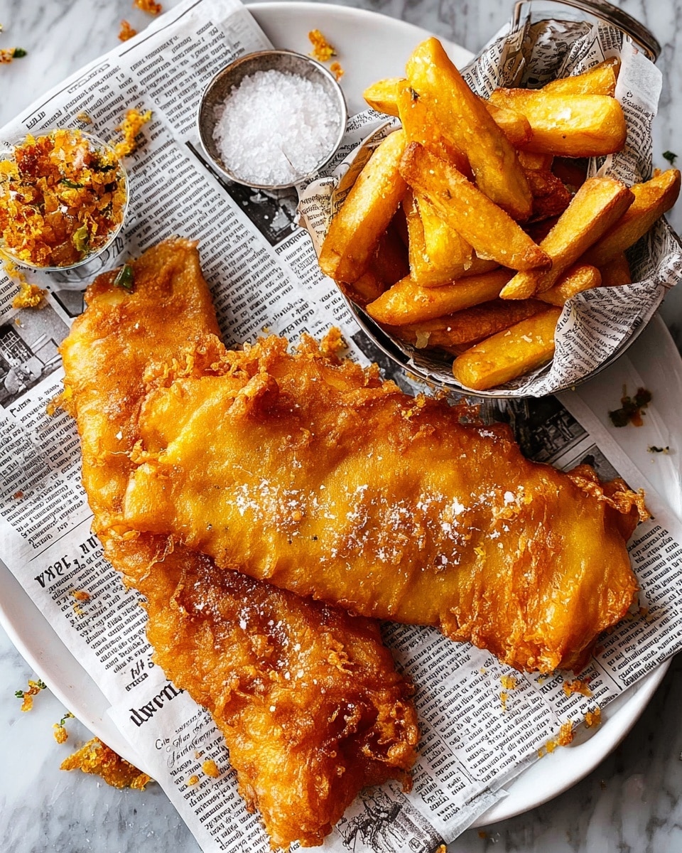 Two large pieces of golden brown fried fish with crispy, uneven edges, are placed on top of crumpled black and white newspaper sheets on a round white plate. The fish has a crunchy texture with some flaky bits and a light sprinkle of coarse salt on top. Next to the fish, a small round white bowl lined with newspaper holds thick, golden fries with a crispy outside and soft inside, lightly dusted with salt. The plate is set on a white marbled surface, and a small cup of white dipping sauce is partially visible in the top left corner. photo taken with an iphone --ar 4:5 --v 7