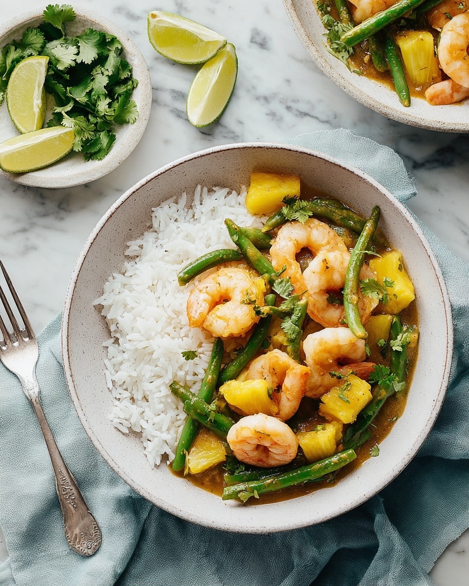 A bowl filled with a base layer of white rice on one side, topped with a colorful layer of shrimp, bright green beans, and yellow pineapple pieces in a light green curry sauce that coats the ingredients. The bowl is white and sits on a white marbled surface. Nearby, there is a small white plate with lime wedges and a small patterned dish holding fresh green cilantro sprigs. A fork rests on a light blue cloth napkin beside the bowl. photo taken with an iphone --ar 4:5 --v 7