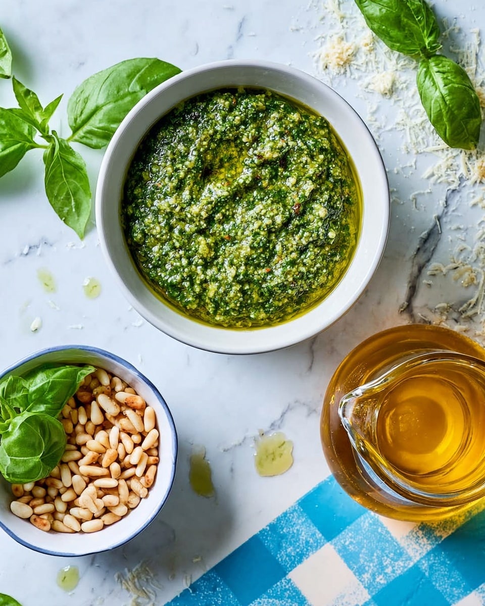 A close-up top view of a small white bowl filled with bright green pesto sauce, showing a slightly chunky texture with visible bits of herbs and nuts. Below it, there is another white bowl containing golden-brown toasted pine nuts and fresh green basil leaves on the side. To the right, a clear glass jar holds a light golden olive oil with a curved spout, all placed on a white marbled surface. Small scattered basil leaves, grated cheese, and drops of oil are visible around the bowls. photo taken with an iphone --ar 4:5 --v 7