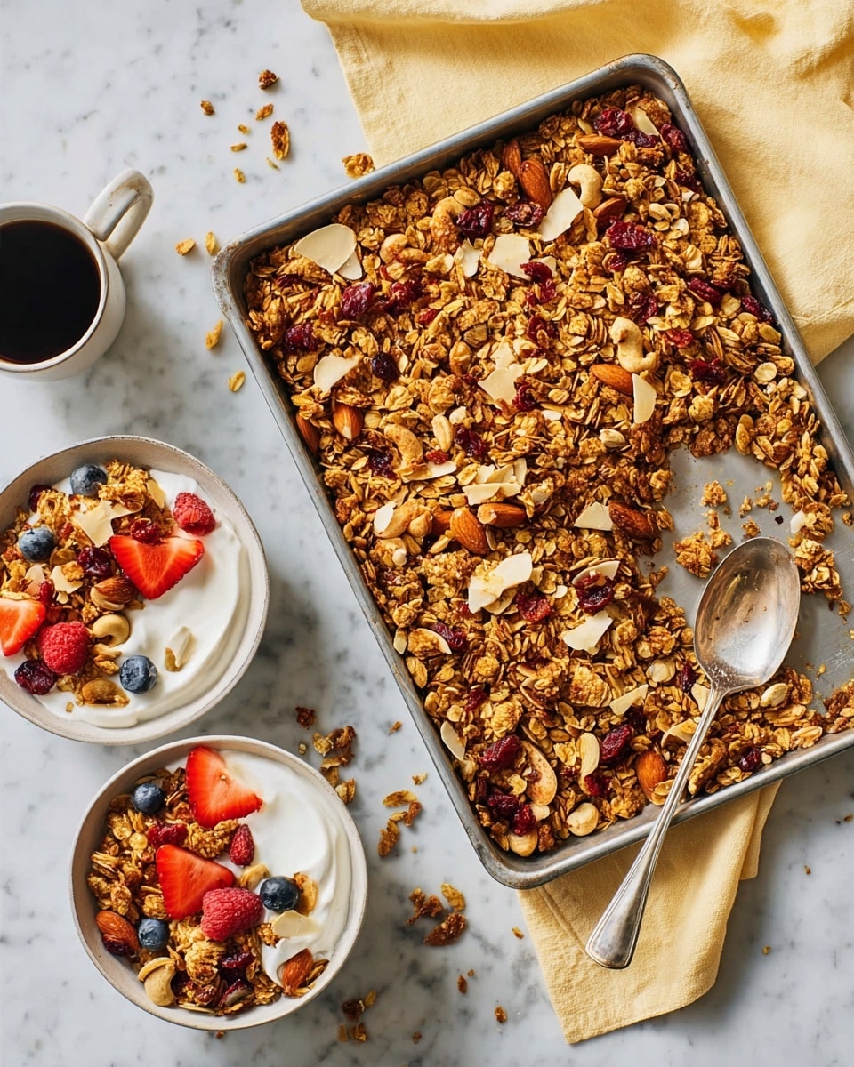 The image shows a silver baking tray filled with a crunchy, golden-brown granola mix, including visible chunks of nuts like almonds and cashews, dried red berries, and toasted coconut flakes spread across the surface. On the tray, there is a large silver spoon filled with some granola resting near the bottom right corner. To the left and above the tray, there are two white bowls containing a layered dish of creamy white yogurt topped with a colorful mix of granola, bright red strawberries, deep blue blueberries, and nuts. One bowl has a spoon beside it, and the whole setting is placed on a white marbled surface with a light yellow cloth under the tray. A cup of coffee with foam on top is partially visible at the top left. Photo taken with an iphone --ar 4:5 --v 7