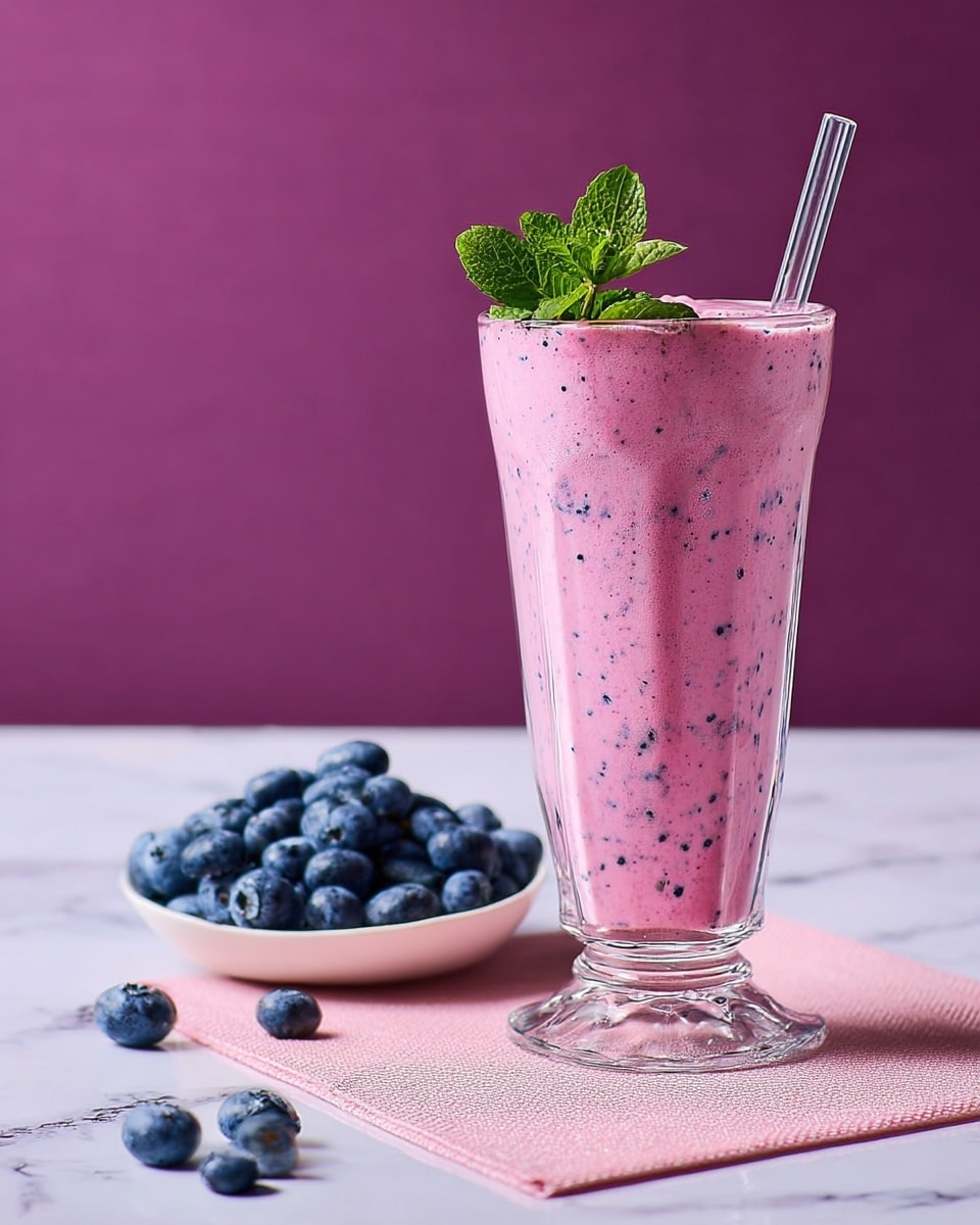 A tall clear glass filled with a thick pink smoothie that has tiny dark specks throughout, topped with a small bunch of bright green mint leaves. Next to the glass is a small white bowl filled with fresh dark blue blueberries, with a few blueberries scattered on the white marbled surface beneath. The scene is set on a pink paper mat with a deep purple background. Photo taken with an iphone --ar 4:5 --v 7