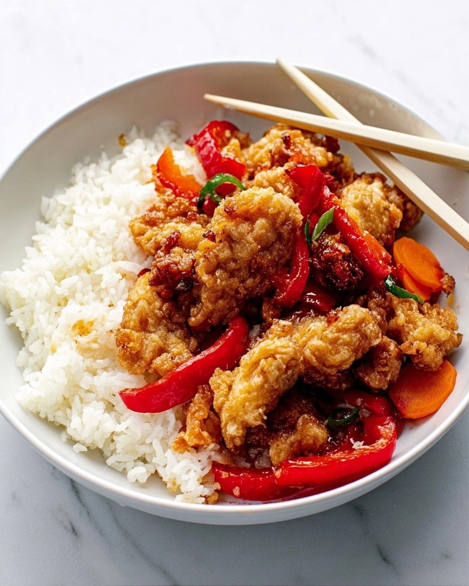 A white bowl filled with a base layer of white cooked rice with a soft, fluffy texture. On top, there are two pieces of golden-brown fried chicken with a crispy, crunchy coating. Around the chicken, there are bright red bell pepper slices and small chunks of orange carrots, both cooked and glistening slightly with sauce. The bowl is placed on a white marbled surface with a pair of white chopsticks resting on the edge of the bowl. Photo taken with an iphone --ar 4:5 --v 7