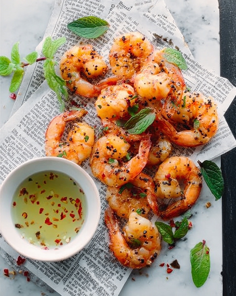 A white plate lined with black and white newspaper print holds about a dozen cooked shrimp, each with a light orange and white color, speckled with black pepper and small herb bits. The shrimp are arranged loosely in two rows, curling gently, with some small green leafy herbs scattered on top for contrast. On the left side of the plate, a small white bowl contains a light green dipping sauce with tiny red pieces floating in it. The plate sits on a white marbled surface with a few sprigs of fresh green herbs around it for decoration. Photo taken with an iphone --ar 4:5 --v 7