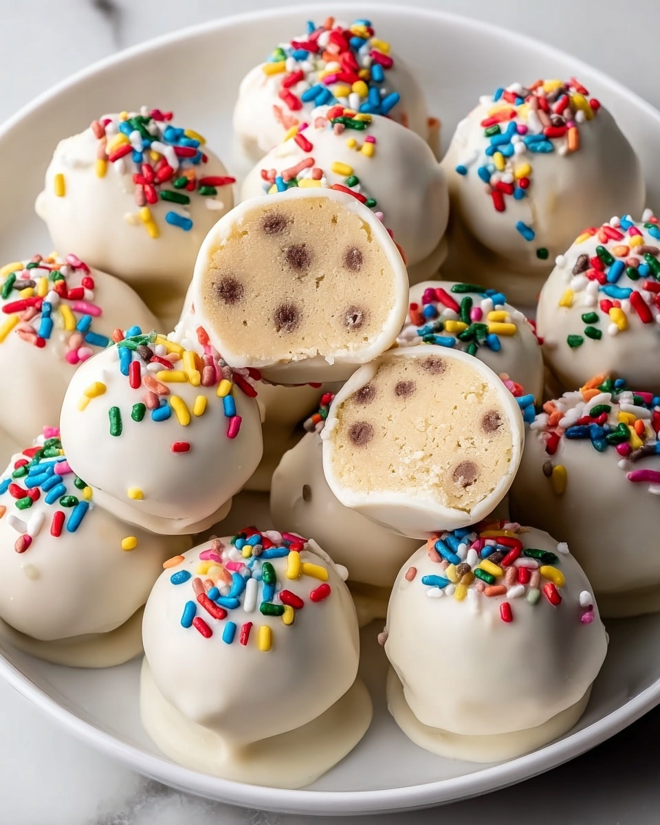 A white bowl filled with about twelve round truffles coated in smooth white chocolate, each topped with colorful sprinkles in red, green, blue, yellow, brown, orange, and white. One truffle near the center is bitten, showing a creamy, light beige inside with small dark chocolate chips embedded. The truffles have a shiny, slightly glossy surface, and the white bowl sits on a white marbled texture background. photo taken with an iphone --ar 4:5 --v 7