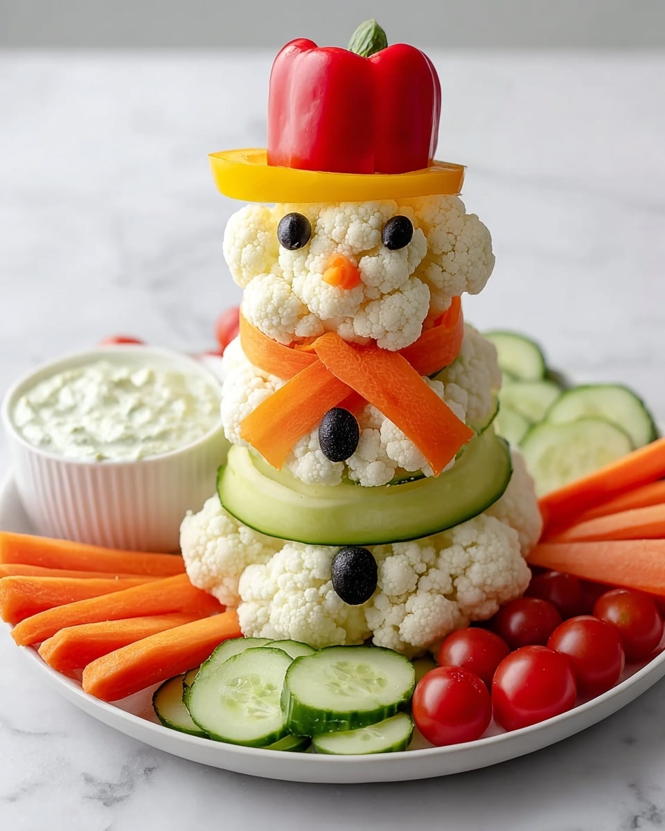 A white plate holds a snowman made from cauliflower florets stacked in three layers, each layer getting smaller towards the top. The bottom layer forms the body with large cauliflower pieces, wrapped in two thin green cucumber slices. Three black olive pieces serve as buttons on the body. The middle layer is smaller cauliflower pieces with a thin orange carrot slice wrapped around as a scarf. The snowman’s head is the smallest cauliflower cluster with two black olive eyes and a small round orange carrot nose. On top is a hat made from a yellow bell pepper strip below a red bell pepper strip, with some green garnish on top. Around the base of the snowman are sticks of orange carrot, red cherry tomatoes, yellow cherry tomatoes, and sliced cucumber arranged neatly. At the back of the plate is a small white bowl filled with white herb dip. The whole setup is on a white marbled surface. Photo taken with an iphone --ar 4:5 --v 7