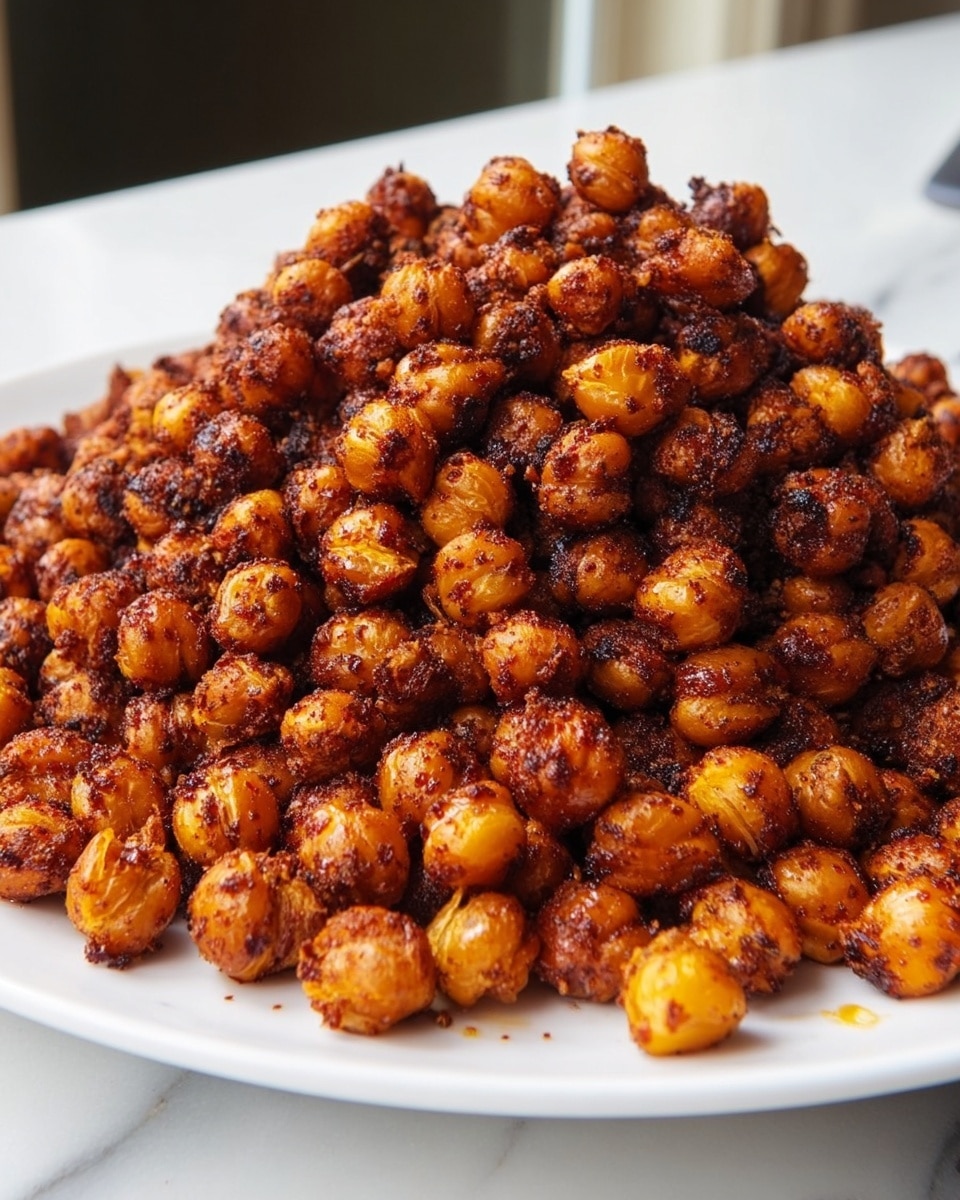 A large pile of roasted chickpeas sits in the middle of a white plate, each chickpea coated evenly with a dark reddish-brown spice mix, giving them a slightly rough and crispy texture. The chickpeas are round and plump, with some slight shine from the oil used in roasting, creating a contrast of golden yellow and deep brown spots. The plate rests on a white marbled surface, with natural light softly highlighting the texture and color of the chickpeas in the background. photo taken with an iphone --ar 4:5 --v 7