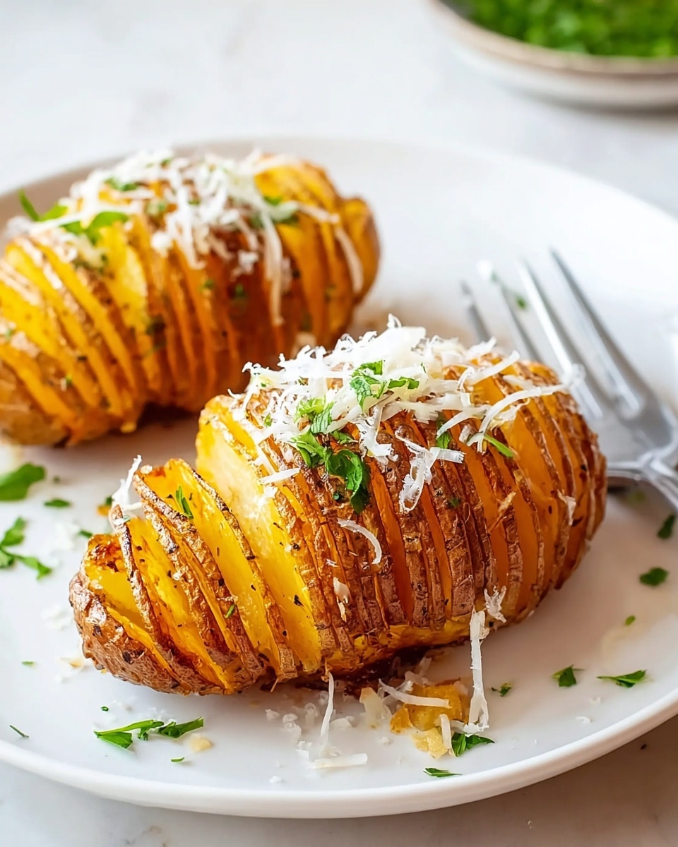 Two Hasselback potatoes are placed on a white plate set on a white marbled surface. Each potato is sliced into many thin, even layers that curve slightly outward, creating a fan shape. The potatoes are golden brown with a crispy texture on the edges. On top, there is a sprinkle of shredded white cheese and small green herb leaves scattered mostly in the middle. A silver fork rests on the right side of the plate, slightly out of focus. The overall look is warm and inviting with a contrast between the crisp potatoes and fresh garnish. Photo taken with an iphone --ar 4:5 --v 7
