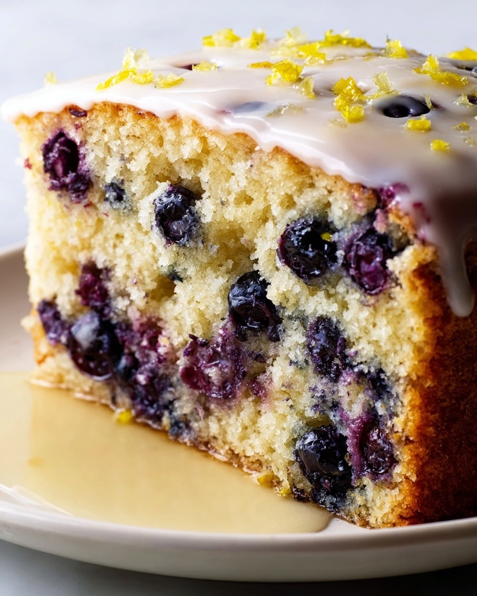 A thick single slice of blueberry cake sits on a white plate over a white marbled surface, showing a soft, light golden crumb filled with many dark purple blueberries spread evenly throughout. The top layer is glazed with a shiny light white icing, decorated with a few whole blueberries and small yellow lemon zest pieces scattered on the surface. There is a pool of glossy pale yellow syrup at the base of the cake on the plate, adding a moist look. photo taken with an iphone --ar 4:5 --v 7