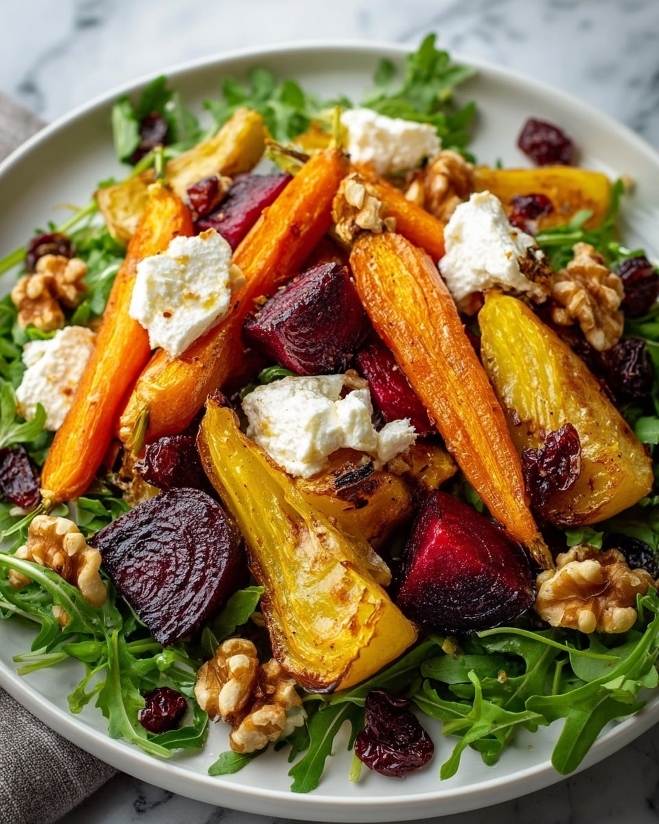 A white plate holds a colorful salad with a base layer of fresh green arugula leaves. On top, there are thick pieces of roasted golden-yellow carrots and bright orange carrot chunks, along with deep red-purple roasted beet slices and yellow roasted root vegetables with a slightly charred texture. Scattered around are creamy white dollops of goat cheese and whole light brown walnuts. Small dark red dried cranberries add extra color and texture, all arranged on a white marbled surface. photo taken with an iphone --ar 4:5 --v 7