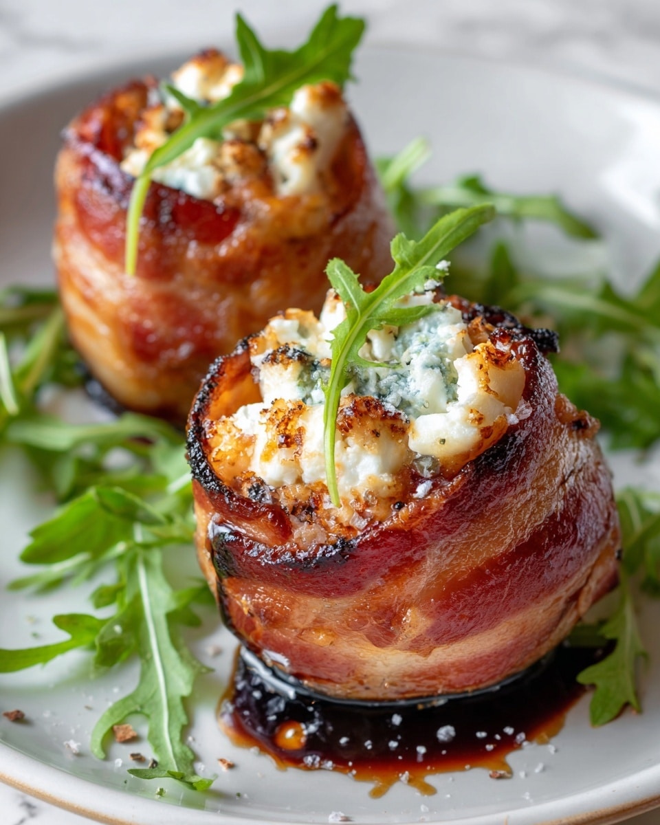 The image shows a close-up of two stuffed, bacon-wrapped peach halves on a white plate, placed on a white marbled surface. Each peach half is wrapped in crispy, browned bacon with visible char marks. The peaches are filled with a creamy, crumbly white cheese that has flecks of blue mold. On top of the bacon, there is a small green arugula leaf with a few coarse salt flakes and ground pepper sprinkled over. A dark, glossy balsamic glaze is drizzled over the bacon and around the plate, with fresh arugula leaves scattered underneath. Photo taken with an iphone --ar 4:5 --v 7