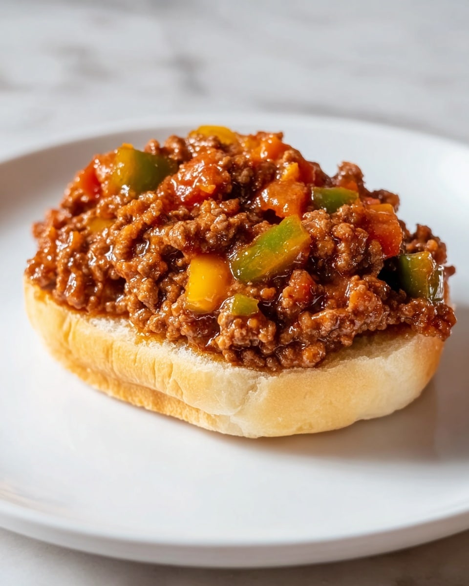 The image shows an open soft bread bun topped with a thick layer of cooked ground beef mixed with colorful diced bell peppers in green, yellow, and red, all covered in a glossy, rich meat sauce with visible tomatoes and spices. The bun has a light golden outside and a soft white inside, placed on a white plate with a smooth surface. The background features a white marbled texture. photo taken with an iphone --ar 4:5 --v 7