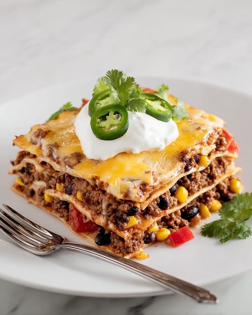 A square slice of layered lasagna sits on a white square plate with a black fork next to it on a white marbled surface. The lasagna has four layers of flat pasta sheets, each separated by a mix of cooked ground beef, black beans, corn, and diced tomatoes. The top layer is covered with melted yellow and white cheese. On top of the lasagna is a dollop of white sour cream, decorated with three sliced green jalapeños and a few fresh green cilantro leaves. The lighting highlights the texture of the meat and vegetables, making the dish look rich and fresh. photo taken with an iphone --ar 4:5 --v 7