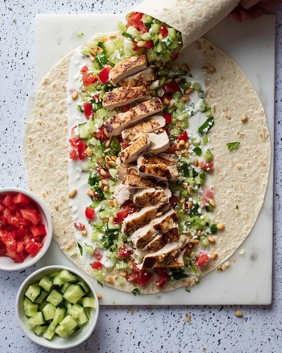 A white flatbread is laid open on a white marbled surface with a layer of chopped green onions and fresh green herbs on top. Slices of grilled chicken with light grill marks are placed over the herbs, followed by small diced red tomatoes scattered around. There is some white sauce drizzled lightly on one side of the flatbread. Around the flatbread, three small white bowls hold small diced cucumbers, diced red tomatoes, and toasted pine nuts respectively. A woman's hand is gently rolling part of the flatbread into a wrap, filled with the same ingredients. Photo taken with an iphone --ar 4:5 --v 7