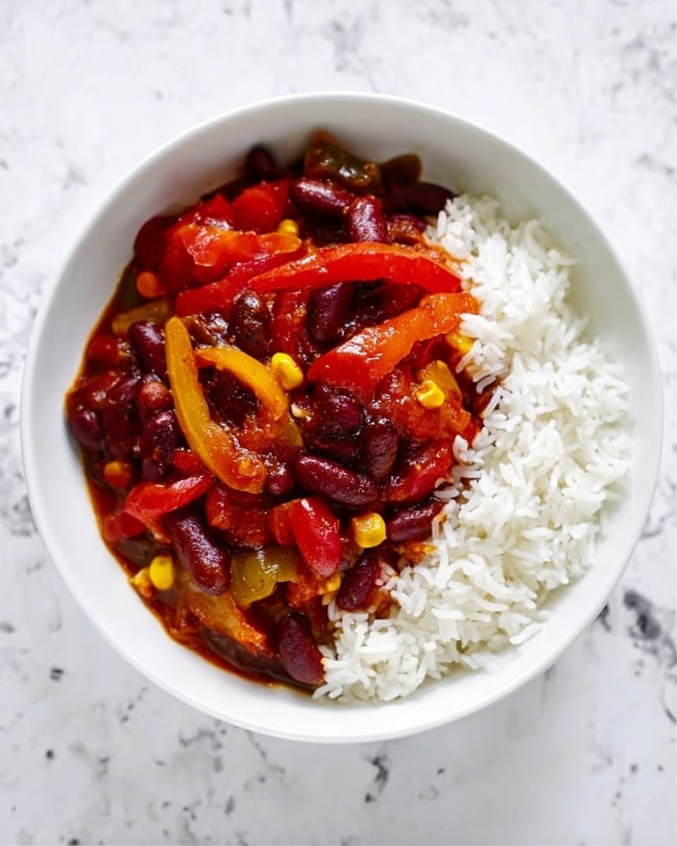 A white bowl filled with a layer of plain white rice at the bottom, topped with a colorful mix of cooked kidney beans, corn, and sliced red and yellow bell peppers in a thick red sauce. The dish shows a mix of soft textures from the beans and peppers, with the rice looking fluffy. The bowl is placed on a white marbled surface. photo taken with an iphone --ar 4:5 --v 7