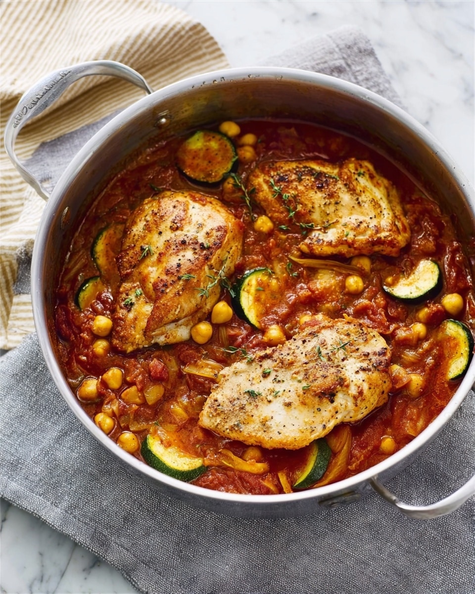 A large metal pot filled with a rich reddish-brown sauce forms the base layer. On top of the sauce, there are three pieces of cooked chicken breast, golden-brown with a slightly speckled texture of black pepper. Mixed within the sauce around the chicken are slices of light green zucchini, beige chickpeas, and caramelized onions, adding varied textures and colors. The pot sits on a light gray cloth on a white marbled surface, with a striped cloth nearby. Photo taken with an iphone --ar 4:5 --v 7
