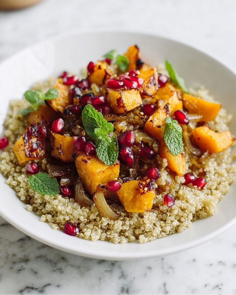 A white round plate holds a layered dish starting with a base of light beige quinoa grains with a soft, grainy texture. On top, there are small pieces of bright orange roasted butternut squash with slightly browned edges, creating a warm contrast. Scattered around are shiny, red pomegranate seeds adding a pop of color. Fresh green mint leaves are placed throughout, giving a fresh look. The plate rests on a white marbled surface with a textured beige cloth underneath. photo taken with an iphone --ar 4:5 --v 7