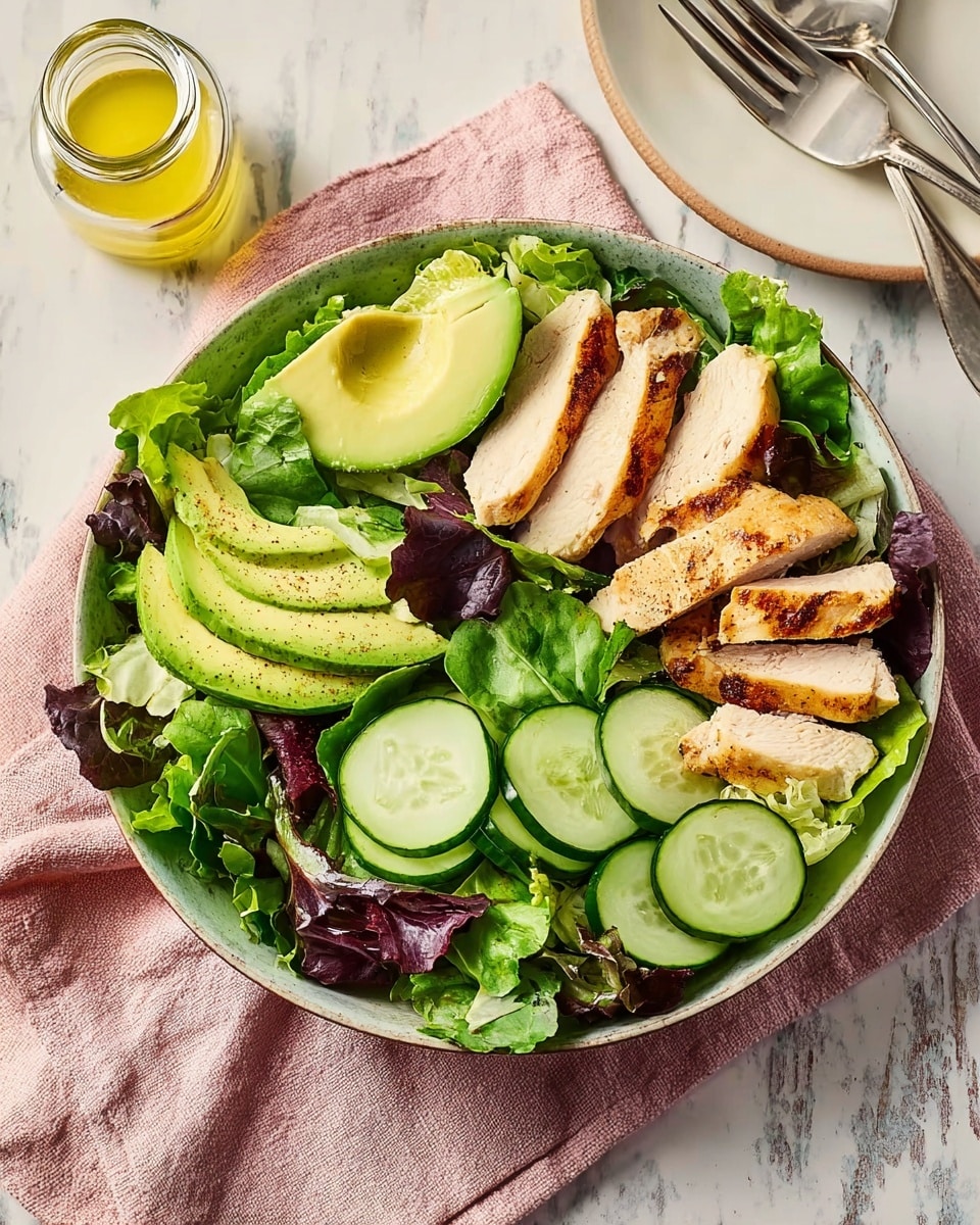 A large bowl shows a fresh salad with several layers starting at the bottom with mixed leafy greens including spinach, green and purple lettuce, and watercress spread inside a gray bowl. On top of the greens are bright green cucumber slices and light green avocado slices arranged around the edges. In the center, thick slices of grilled chicken breast with a golden brown, slightly crispy crust are placed in a neat line, showing a white inside. The bowl sits on a pink cloth over a white marbled surface. To the right, there is a small glass jar with some dressing and a white plate with silver forks. photo taken with an iphone --ar 4:5 --v 7