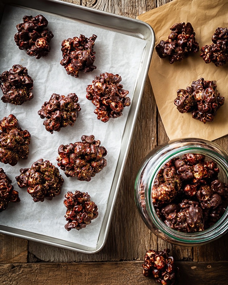 The image shows several clusters of dark chocolate popcorn with a rough, chunky texture arranged in a white baking tray lined with parchment paper. Each cluster is irregularly shaped, with a mix of deep brown and slight golden highlights on some popcorn pieces. Around the tray, there are additional clusters placed on brown parchment paper and inside a clear glass jar on a white marbled surface, creating a casual and rustic feel. The popcorn clusters look crunchy and are coated thickly in chocolate, showing uneven, bumpy layers of popcorn tightly packed together. Photo taken with an iphone --ar 4:5 --v 7