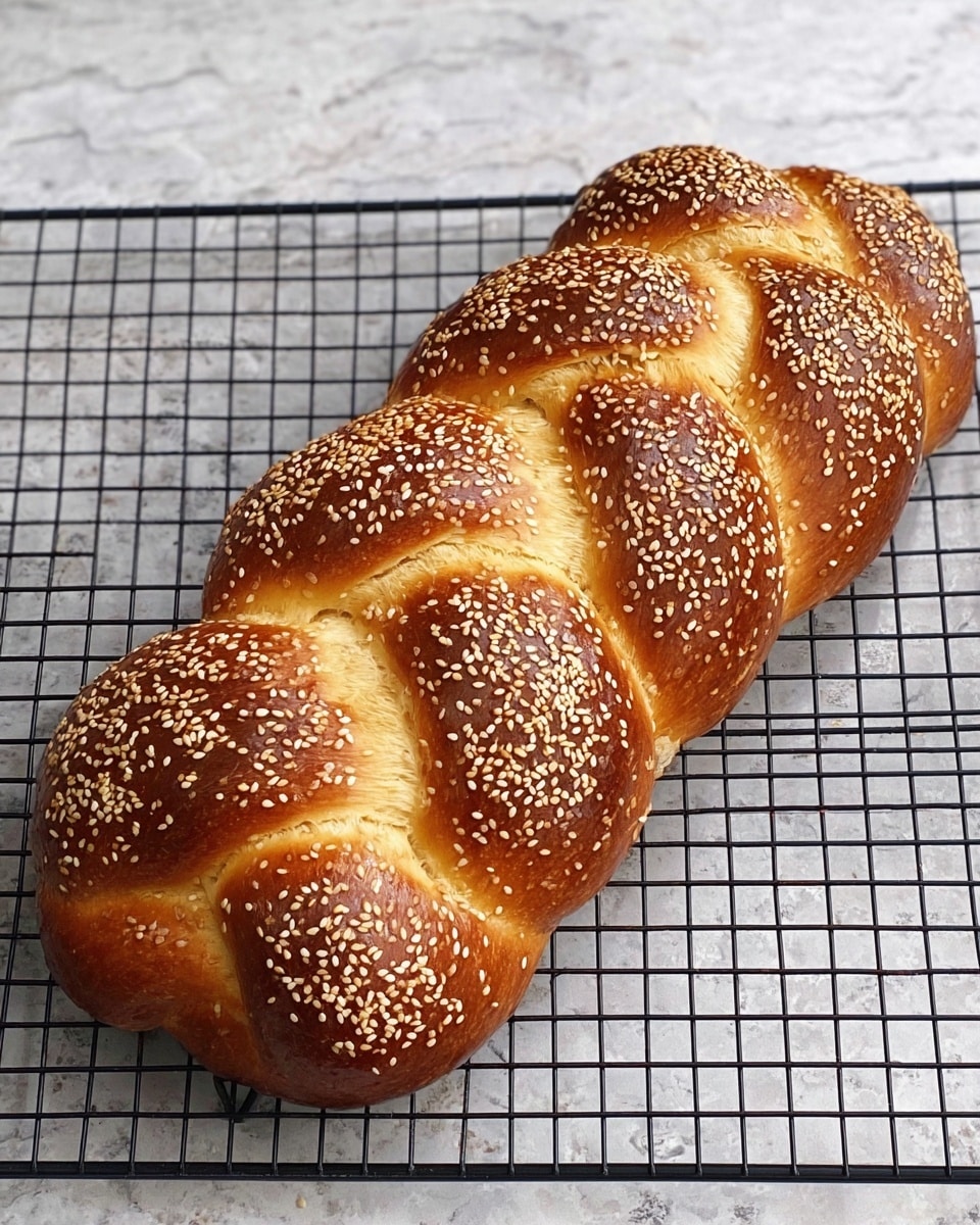 A golden-brown braided bread loaf resting on a black cooling rack, each of the three thick braids having a shiny surface sprinkled evenly with toasted sesame seeds. The bread's edges have a darker crust while the inside of each braid is a lighter golden color, showing contrast and texture. The cooling rack sits on a white marbled textured surface. photo taken with an iphone --ar 4:5 --v 7
