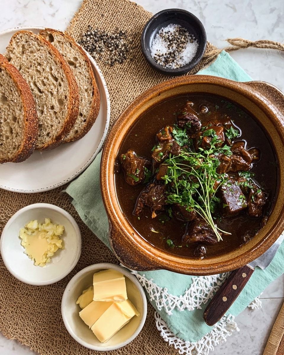 The image shows a brown ceramic pot filled with dark brown stew, with chunks of meat and a few green herb sprigs on top, placed on a light blue cloth over a coarse beige fabric. To the left, there is a white plate holding three slices of dark bread, one partially buttered, next to a small white bowl with coarse salt and cracked black pepper. Below the plate, a small white bowl contains three slices of pale yellow butter with a silver knife beside it. The background is a white marbled surface. Photo taken with an iphone --ar 4:5 --v 7