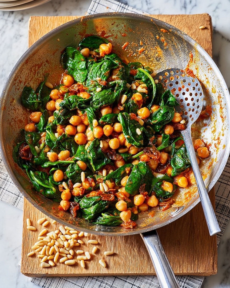 A close-up of a pan filled with a mix of cooked chickpeas, bright green spinach leaves, and golden pine nuts scattered on top. The chickpeas are soft and round with a slightly orange tint, and the spinach leaves look fresh and slightly wilted from cooking. The metal pan has a few stains and bits of food around the edges, with a large spoon resting inside it. The pan sits on a wooden board over a white and gray checkered cloth, all placed on a white marbled surface. Some pine nuts are spilled beside the pan, adding a casual touch. Photo taken with an iphone --ar 4:5 --v 7