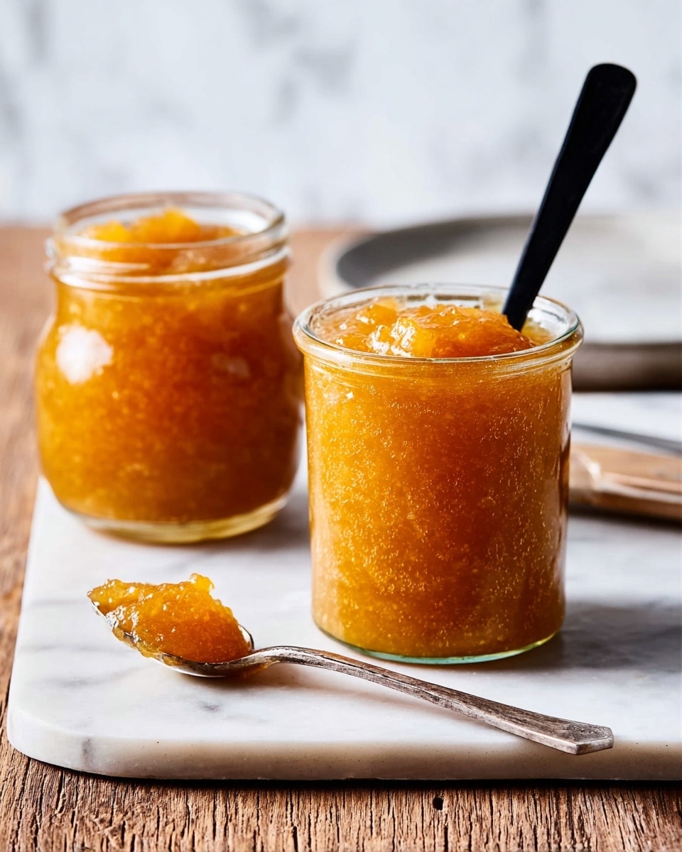 Two clear glass jars filled with a thick, bright orange jam or marmalade sit on a worn wooden table. The jar in the front shows the jam’s textured chunks and glossy surface, while the jar behind it has a black spoon sticking out. To the left, a silver spoon holds a small scoop of the jam, and a white plate with a silver knife is partially visible in the background. The overall scene is simple and cozy, set against a white marbled texture. photo taken with an iphone --ar 4:5 --v 7
