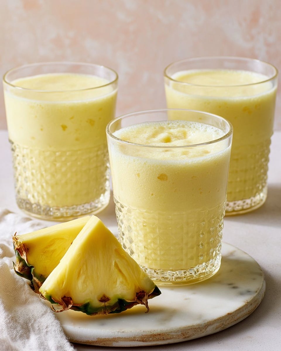 Three clear textured glasses filled with a creamy pale yellow smoothie, each drink having a thick, frothy top layer and bits of pineapple visible inside. The glasses are placed on white hexagonal and square stone coasters set on a white marbled texture surface. To the right, two triangular slices of fresh pineapple with green edges rest on one of the coasters, showing the juicy yellow fruit inside. The background is softly blurred with a light pastel color. photo taken with an iphone --ar 4:5 --v 7