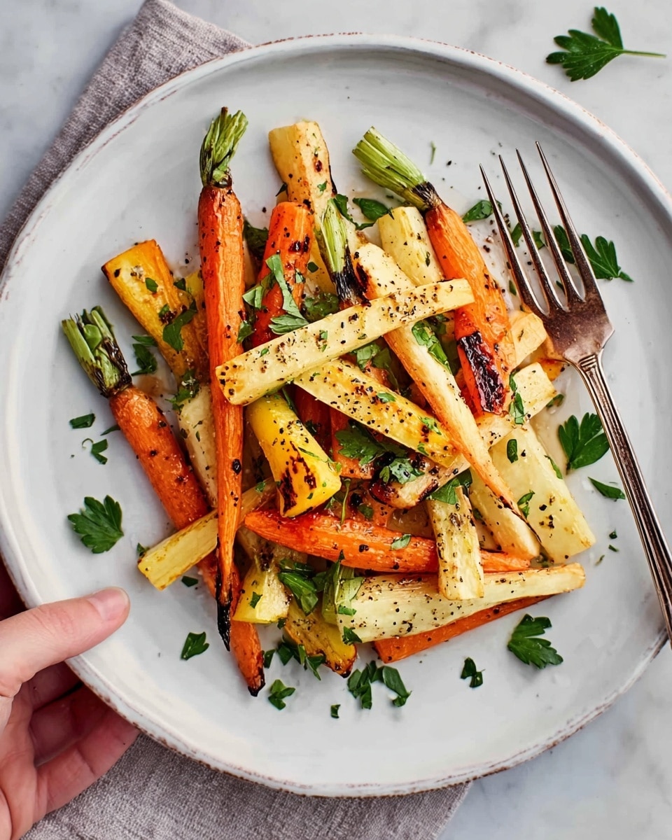 A white round plate filled with roasted vegetables, mainly small orange carrots with green tops and thick pale yellow parsnip strips, nicely charred with grill marks. The vegetables are sprinkled with fresh chopped green herbs and black pepper, spread evenly over the top. The plate sits on a soft gray cloth on a white marbled surface, with a rose gold fork and knife placed on the left side. Photo taken with an iphone --ar 4:5 --v 7