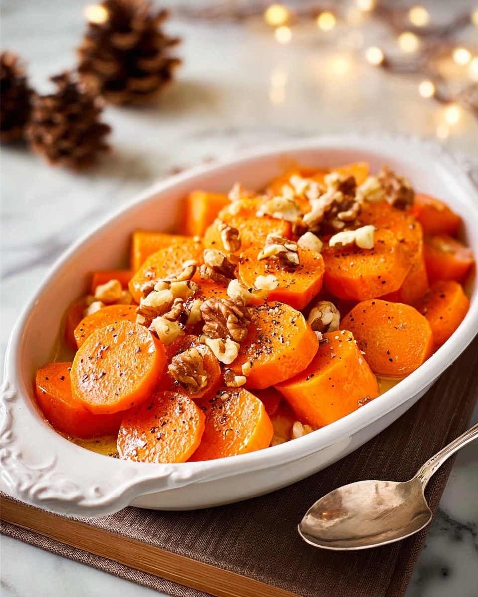 The dish is served in a white oval bowl, placed on a white marbled surface. It shows carrot pieces cut into thick, uneven chunks that fill most of the bowl. On top of the carrots, there are small, light brown nuts scattered evenly. The carrots have a soft, cooked look with a slight shine, and they are speckled with black pepper. To the right of the bowl is a silver spoon resting on the surface. In the background, there are blurred pine cones and a soft-lit candle adding a cozy feel. Photo taken with an iphone --ar 4:5 --v 7