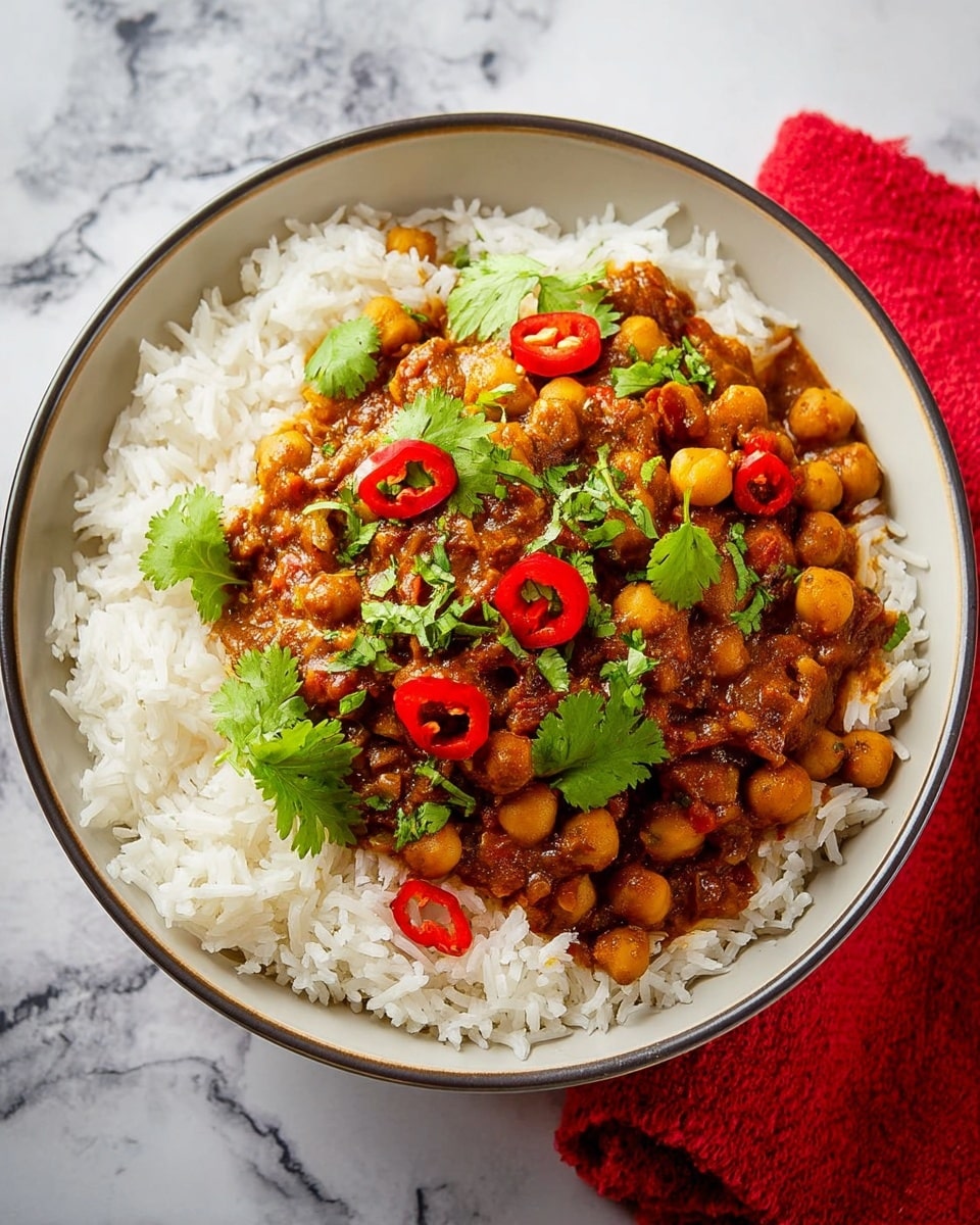 A black bowl holds a dish with two main layers on a white marbled surface. The bottom layer is white, fluffy rice with long grains, filling the bowl and forming a bed. On top, there is a thick, rich curry with a brownish-orange color, containing whole chickpeas and chunks of meat or vegetables. Bright red slices of chili and small, uneven pieces of fresh green herbs are scattered over the curry, adding contrast and color. A red cloth is visible on the side of the bowl. Photo taken with an iphone --ar 4:5 --v 7