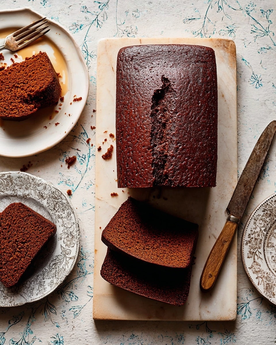 A loaf of dark brown cake with a glossy, textured top sits centered on a rectangle cutting board, with two thick slices cut and placed in front of it showing a soft, moist inside. To the left, a white plate holds a single large slice with a bite taken out, some crumbs scattered nearby, and a fork resting on the plate. To the right, another single slice rests on a white plate with a detailed floral pattern. A knife with a wooden handle lies next to the cake on the board. All items are placed on a white marbled surface with delicate patterns in soft, light colors. Photo taken with an iphone --ar 4:5 --v 7