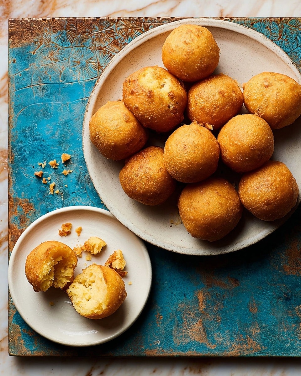 The image shows a white plate filled with ten golden-brown, round fried dough balls with a crispy texture on their surface, placed on a rustic blue tray with a worn, rusty look, which sits on a white marbled textured surface. Nearby, there is a smaller white plate holding one broken-open dough ball showing a soft, light inside with crumbs around it. photo taken with an iphone --ar 4:5 --v 7