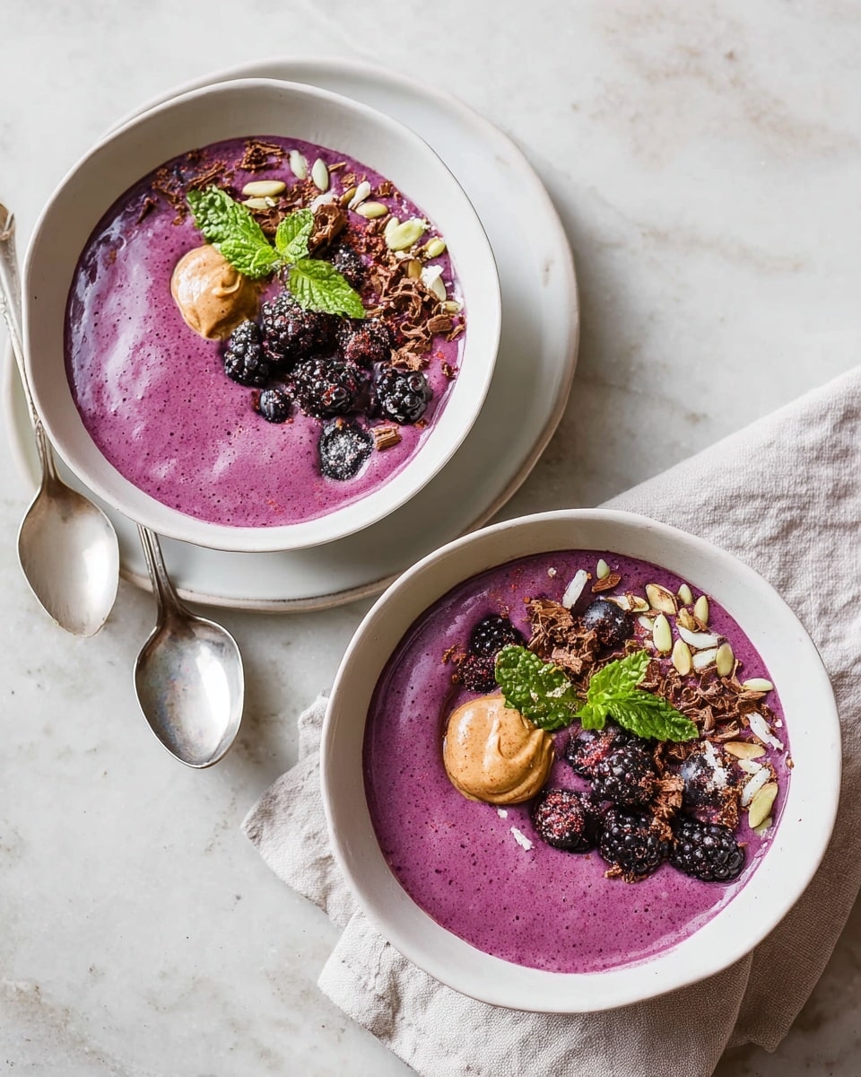 Two bowls filled with a thick, bright purple smoothie base serve as the main layers; each bowl is topped with a golden-brown dollop of nut butter on one side. On top of the smoothie, a cluster of dark purple berries, including cherries and blackberries, adds a fresh layer, along with scattered sunflower and pumpkin seeds sprinkled lightly for texture. Small green mint leaves are placed among the berries, adding a touch of freshness and color contrast. One bowl is white, and the other is a light beige, both placed on a white marbled surface with a silver spoon resting next to the white bowl on a slightly wrinkled white cloth. photo taken with an iphone --ar 4:5 --v 7