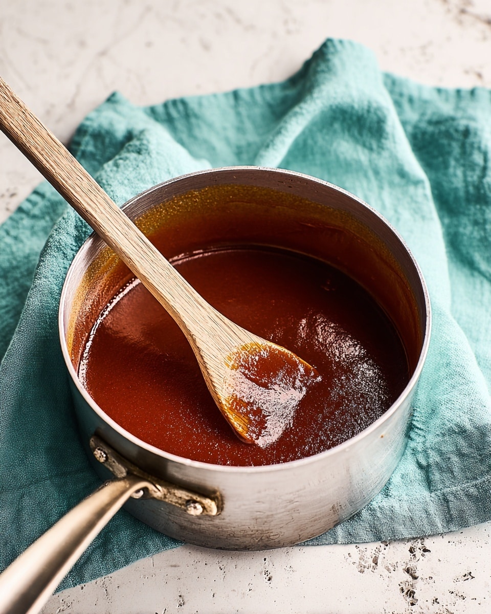 A metal saucepan filled with a smooth, shiny reddish-brown sauce, showing a rich, thick texture. Inside the saucepan rests a wooden spoon with a rounded, flat end, partially covered with the sauce. The saucepan handle is light-colored and attached with a black metal holder. The saucepan sits on a white marbled surface next to a light blue cloth casually spread nearby. photo taken with an iphone --ar 4:5 --v 7