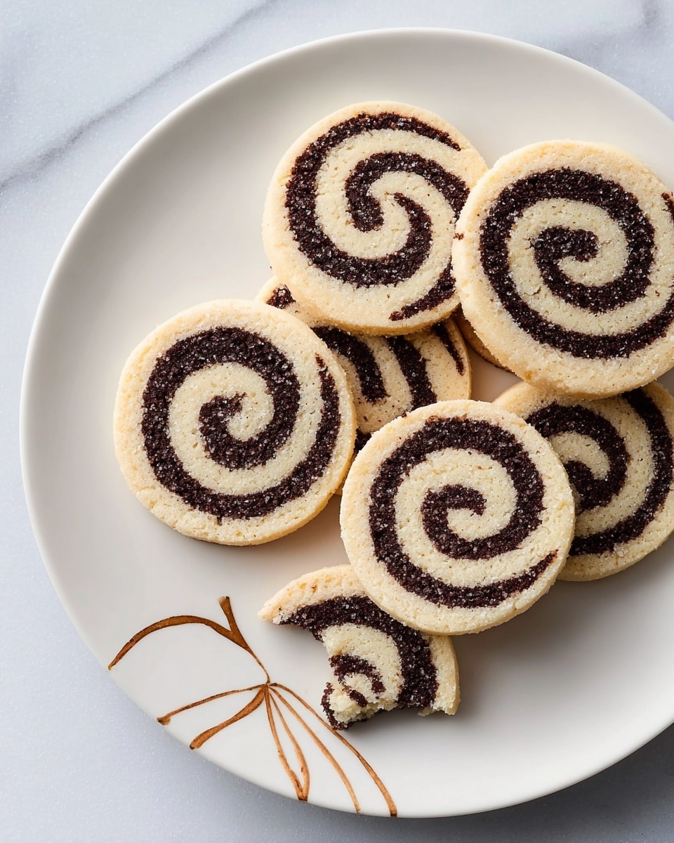 A white plate with a simple brown line drawing that looks like a tied string holds five round swirl cookies, each with two clear layers; the outer layer is light beige cookie dough while the inner layer is dark brown chocolate dough. Four cookies are whole and stacked unevenly on the right side of the plate, and one cookie with a bite taken from it is kept on top. Another cookie lies on the left side of the plate, set against a white marbled surface with some golden star decorations around. Photo taken with an iphone --ar 4:5 --v 7