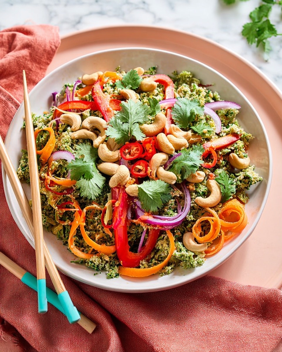 A white shallow bowl filled with a colorful mixed salad arranged in layers starting with a base of finely chopped green herbs and broccoli. On top of this, there are thin orange carrot spirals, sliced red bell pepper strips, and thin slices of purple onion scattered throughout. The salad is garnished with whole cashew nuts, bright red chili slices, and fresh green cilantro leaves placed evenly over the top. The bowl sits on a pale peach plate, with a pair of chopsticks with turquoise and wooden handles resting beside it, all set on a white marbled surface, next to a coral cloth napkin. photo taken with an iphone --ar 4:5 --v 7