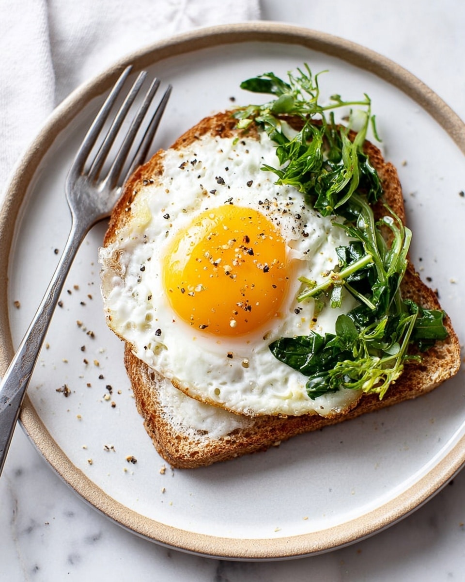 A single slice of toasted brown bread lies flat on a white plate with a slight rim. On top of the toast is a fried egg with a bright, glossy yellow yolk centered neatly, surrounded by white, slightly crispy edges. Fresh, chopped green vegetables are scattered on the right side of the egg and a small pile to the left of the toast. There are tiny sprinkles of black pepper over the egg and plate, adding some texture. A fork rest diagonally on the plate’s upper edge with bits of green vegetable on its prongs, all set against a white marbled surface. photo taken with an iphone --ar 4:5 --v 7