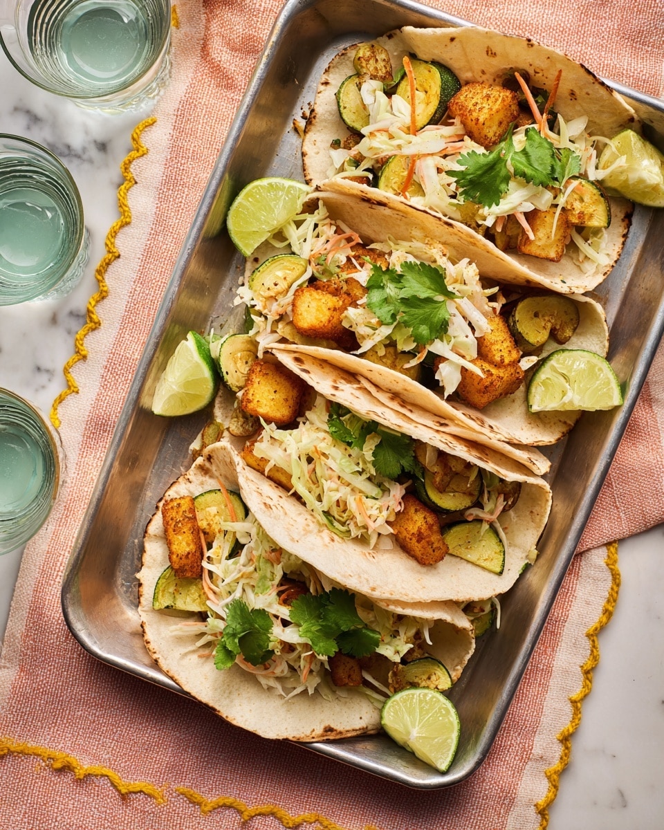 Four soft tortillas are placed on a silver tray, each filled with layers starting from small golden-brown crispy cubes, followed by slices of cooked green zucchini, and topped with a mix of finely shredded white cabbage and some green herbs. A wedge of green lime sits near the bottom left corner of the tray. The tray is set on a cloth with pink and mustard-yellow decorative borders. Two clear glasses with water are partially visible to the left side. The whole image has a balanced natural light. photo taken with an iphone --ar 4:5 --v 7